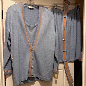Vintage St. John ice Blue Cardigan, cami and Skirt Set with Tangerine Trim.